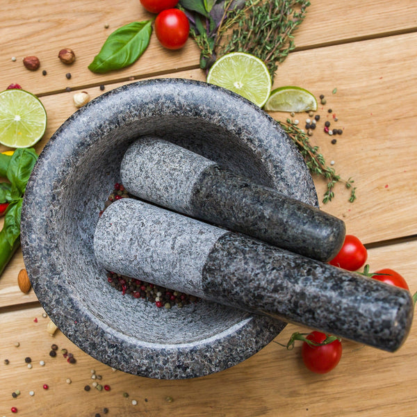 8 Inch Large Capacity Mortar and Pestle Set - One Mortar and Two Pestels -  Natural 5 Cups Unpolished Heavy Granite for Apothecary Kitchen