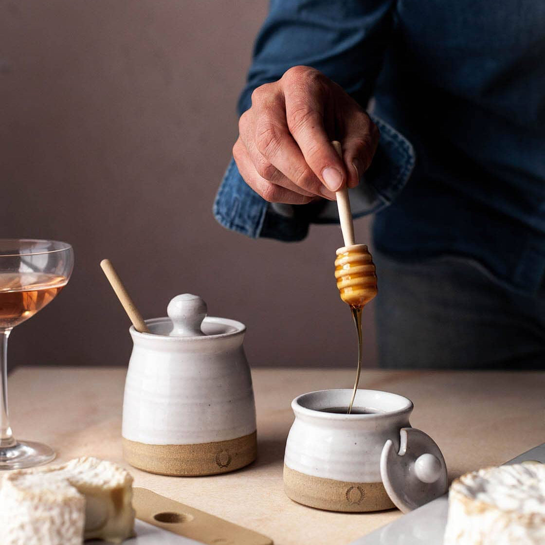 Beehive Honey Pot with Wooden Dipper Pottery Farmhouse Pottery 