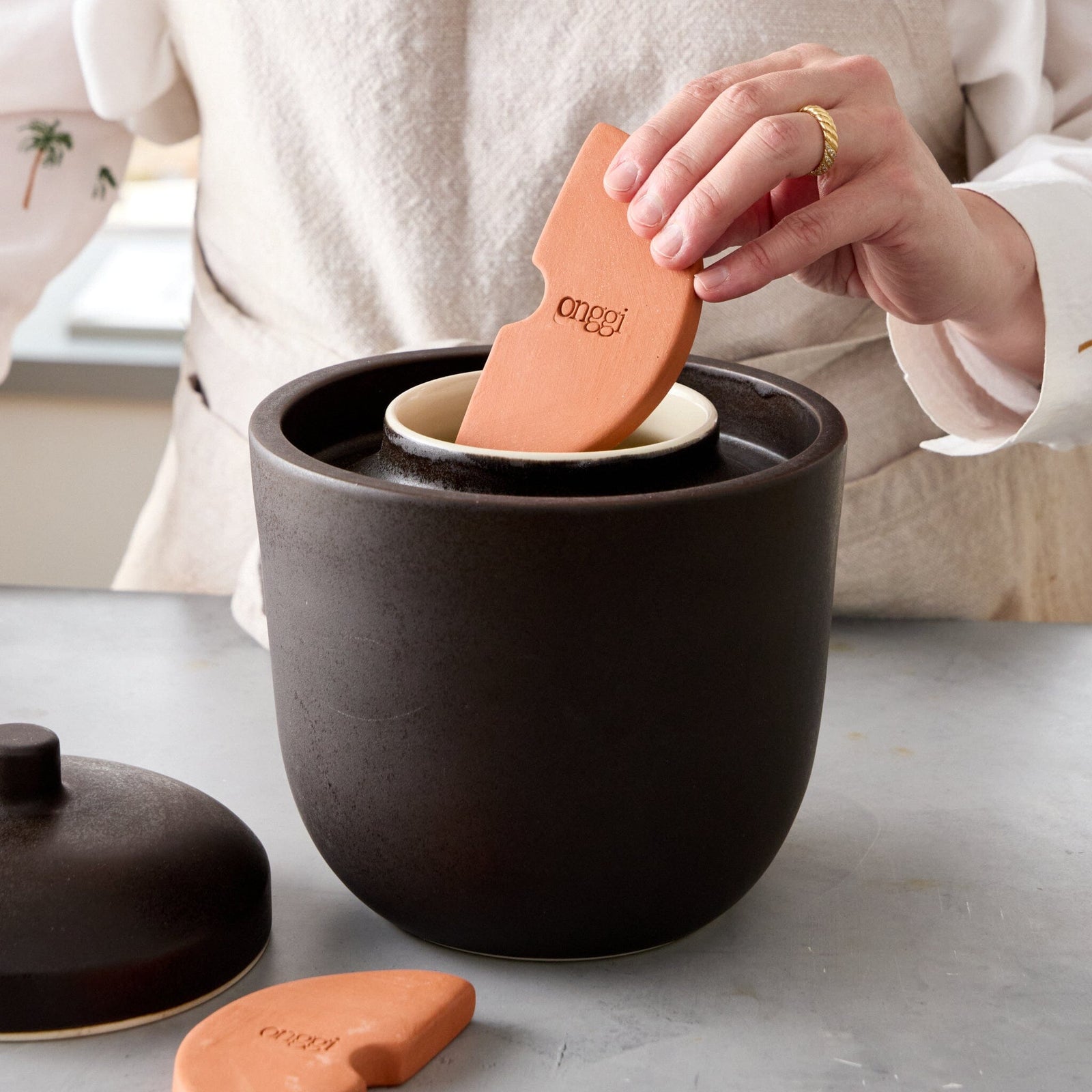 Onggi Fermentation Crock with Half Moon Weights- Matte Black Cookware & Tools Onggi 