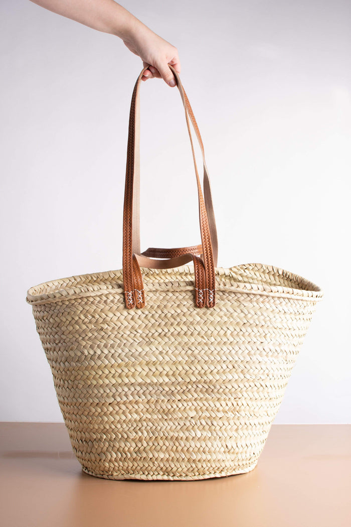Wholesale French Market Basket with leather straps, Moroccan Straw