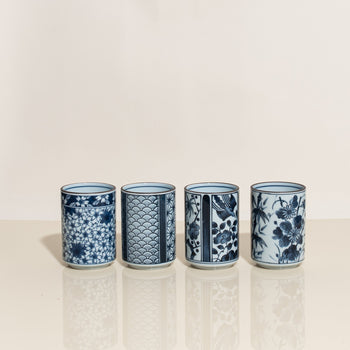 Miya Company Blue Patterns Teacups — Set of 4