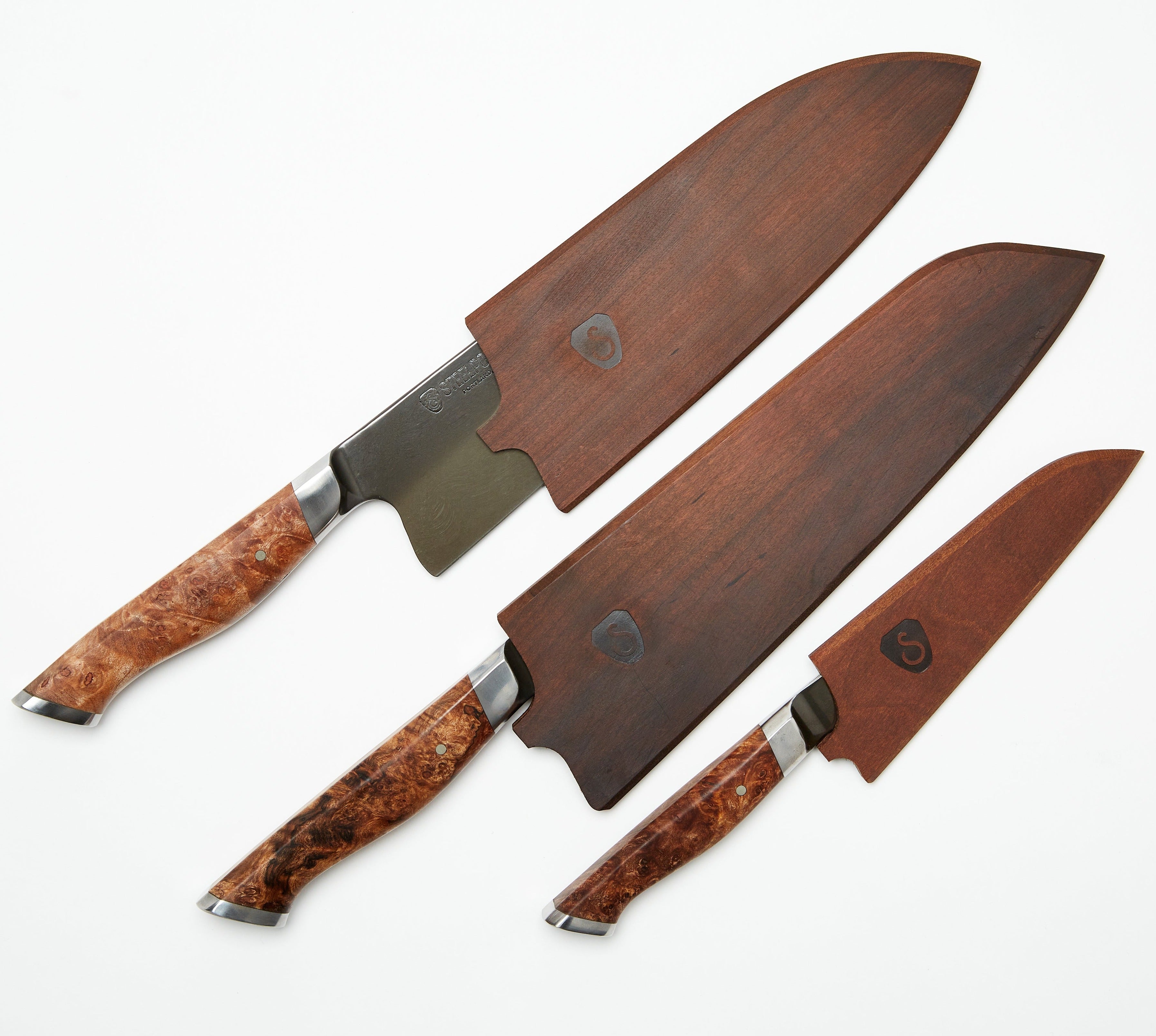 3pc Set Damascus Chef Knives W/ Stabilized Wood Handle Burl Unique